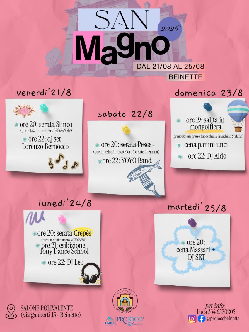 FESTA DI SAN MAGNO 2026 A BEINETTE - Centro città, Beinette (CN) - 🎉 FESTA DI SAN MAGNO 2026 A BEINETTE! 🥳✨Dal 21 al 25 agosto, 5 giorni imperdibili tra ottimo cibo, tanta musica, divertimento e grandi eventi! 🥳🎈...