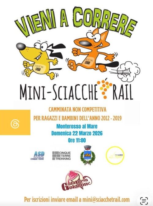 MINI SCIACCHE TRAIL - Centro città e dintorni, Monterosso al Mare (SP) - VIENI A CORRERE
Camminata non competitiva per ragazzi e bambini dell'anno 2012-2019