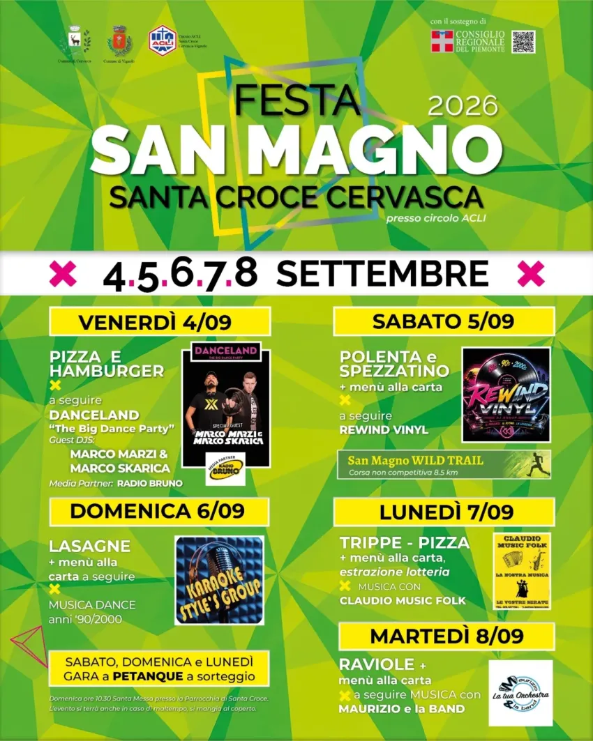 FESTA SAN MAGNO - Santa Croce di Cervasca - Santa Croce di Cervasca (Presso il Circolo ACLI ), Cervasca (CN) - 🎉 FESTA DI SAN MAGNO 2026 🎉
Preparatevi a 5 giorni di festa, ottimo cibo, sport e grande musica a Santa Croce Cervasca! Vi aspettiamo presso il Circ...