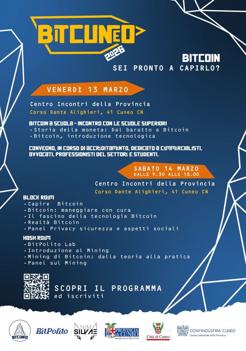 BITCuneo 2026 - Corso Dante Alighieri, 41, Cuneo (CN) - 🚀Torna BitCuneo 2026!
Il 13-14 marzo al Centro Incontri della Provincia di Cuneo due giornate gratuite dedicate alla scoperta di Bitcoin. 
📚 Venerdì...