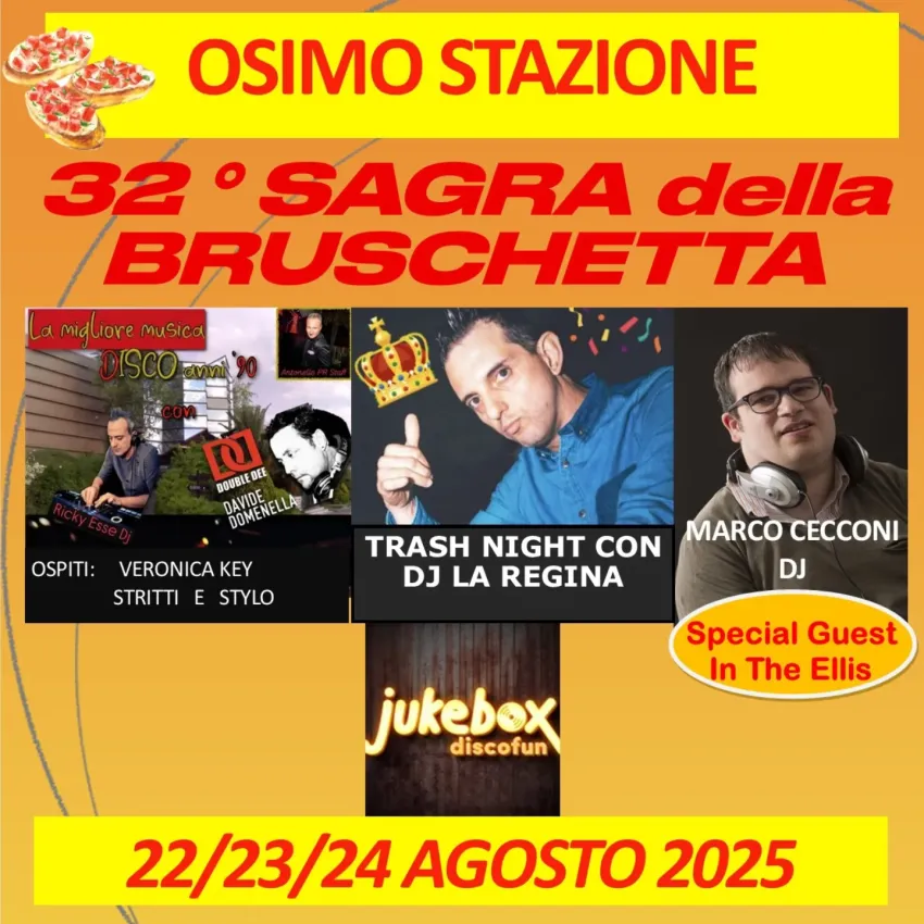 SAGRA DELLA BRUSCHETTA - Osimo Stazione, Osimo (AN) - 32° Sagra della Bruschetta – Osimo Stazione (AN)
📅 22, 23 e 24 Agosto 2025
Torna anche quest’anno uno degli eventi più attesi dell’estate marchigiana...
