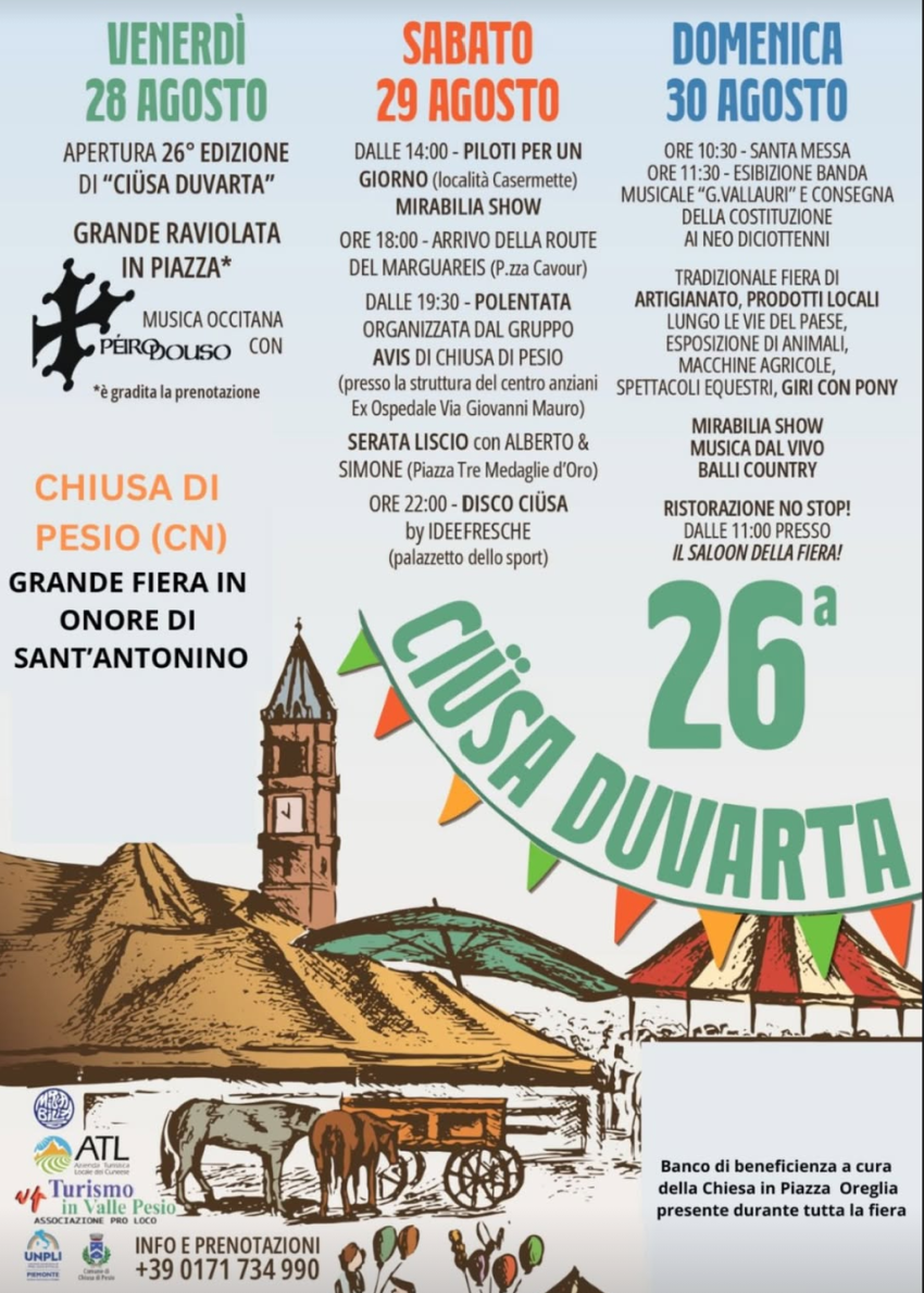 26a edizione Ciüsa Duvarta - Grande fiera di Sant'Antonino - Centro città, Chiusa di Pesio (CN) - 🎉 26ª Edizione di Ciüsa Duvarta – Grande Fiera di Sant'Antonino a Chiusa di Pesio (CN)
Tre giorni di festa, tradizione, spettacoli, musica ed enogast...