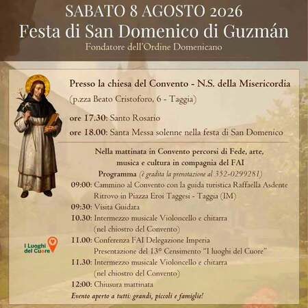 FESTA DI SAN DOMENICO DI GUZMÁN - Piazza Beato Cristoforo, 6, Taggia (IM) - 🙏✨ FESTA DI SAN DOMENICO DI GUZMÁN ✨🙏
📅 Data: Sabato 8 agosto 2026
📍 Luogo: Chiesa del Convento N.S. della Misericordia – Piazza Beato Cristof...