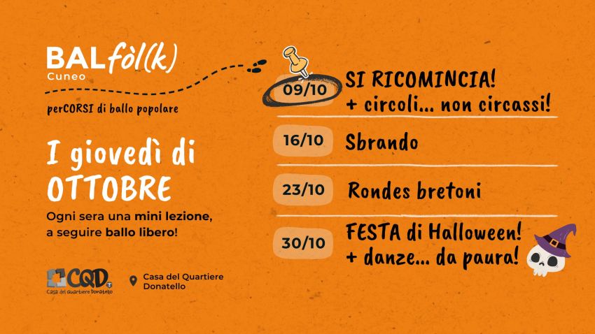 Bal Fòl(k) Cuneo - I giovedì di OTTOBRE! - Casa del quartiere Donatello, Cuneo (CN) - Amici ballerini, rieccoci qua! Per il quarto anno ritornano le serate di Bal Fòl(k) Cuneo in Casa del Quartiere Donatello, per ricominciare a danzare...