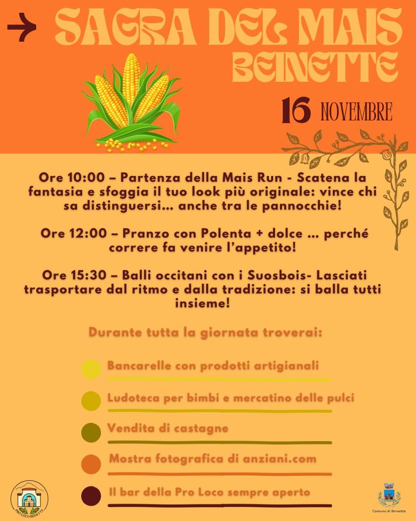 Sagra del Mais - Centro, Beinette (CN) - Sagra del Mais a Beinette 2025: divertimento, polenta e tradizione in Piemonte 🌽✨
La Pro Loco di Beinette è pronta a farvi vivere un’autentica giorn...