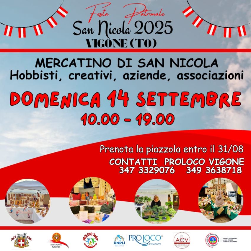 Mercatino di San Nicola - Via Umberto I, Vigone (TO) - DOMENICA 14 SETTEMBRE, in occasione della festa patronale di San Nicola, si terrà nel centro storico di VIGONE (TO - PIEMONTE) il mercatino aperto a h...