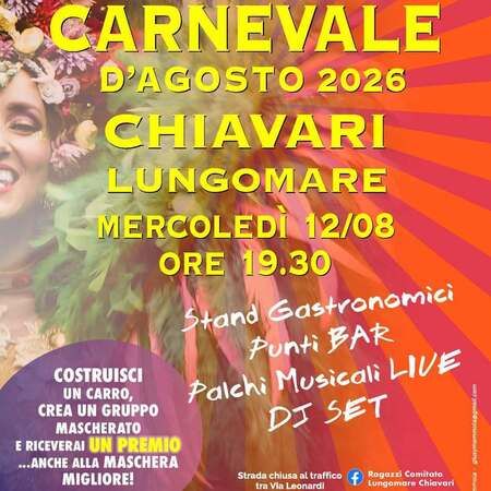 Carnevale d'estate - lungomare, Chiavari (GE) - 🎊𝘾𝒂𝙧𝒏𝙚𝒗𝙖𝒍𝙚 𝙙'𝘼𝒈𝙤𝒔𝙩𝒐 🎊
Preparate i costumi e le maschere 🧚‍♀️🧑‍🎤
📆Mercoledì 12 agosto dalle 19.30 sul lungomare cittadino.
Musica, stand gastr...