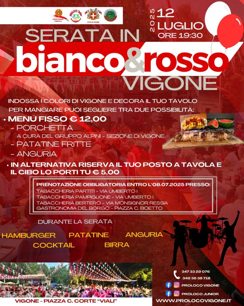 ❤️🤍Cena in Bianco e Rosso🤍❤️ - Piazza Clemente Corte, Vigone (TO) - ❤️🤍Manca poco!!! 🤍❤️
Cena in bianco e rosso
Festa sotto le stelle con CENA, CONCERTO E DJ SET con
Oronero Tributo Ligabue
Dj set con Nicolò Bruno
...