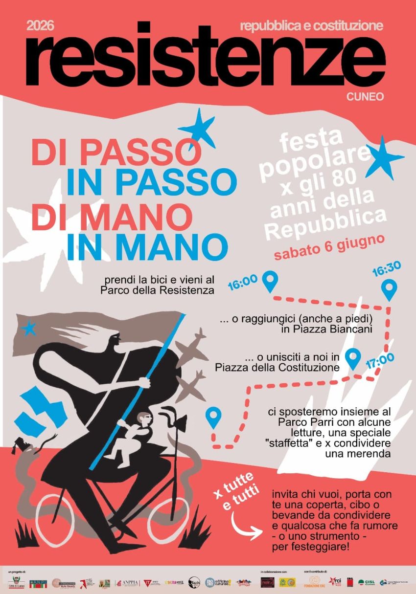 “Di passo in passo, di mano in mano”: una festa popolare per festeggiare gli ottant’anni della Repubblica italiana - Parco della Resistenza - Piazza Biancani - Piazza della Costituzione - Parco Parri, Cuneo (CN) - Per gli 80 anni della nascita della Repubblica Italiana, dal suffragio universale e dall’inizio del percorso che porterà alla scrittura della Costituz...