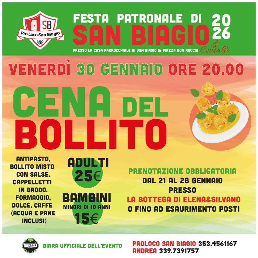 CENA del BOLLITO - Piazza Don Roccia (San Biagio), Centallo (CN) - Sì, è esattamente come pensate! Rieccoci con la festa di San Biagio!☀️ Vietato mancare🍿