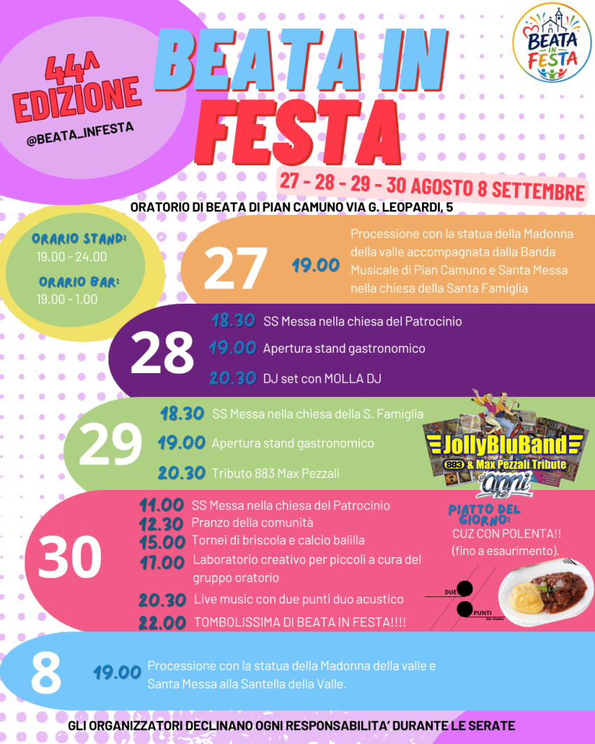 BEATA IN FESTA - Via G. Leopardi, 5, Pian Camuno (BS) - 🎉 BEATA IN FESTA – 44ª EDIZIONE 🎉
Dal 27 al 30 agosto e l’8 settembre, l’Oratorio di Beata di Pian Camuno torna a riempirsi di musica, tradizione, d...
