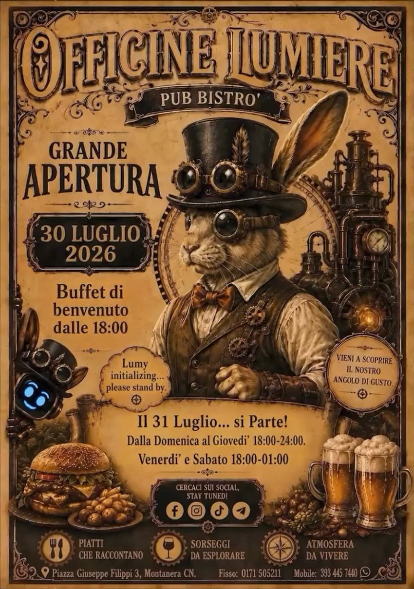 Grande Apertura di Officine Lumiere - Pub Bistrò - Via Campo Sportivo 3, Montanera (CN) - 🚨 IL TUO NUOVO POSTO PREFERITO IN CITTÀ STA PER APRIRE! 🍻✨Segna la data: Giovedì 30 Luglio dalle ore 18:00 ti aspettiamo per la Grande Apertura di...