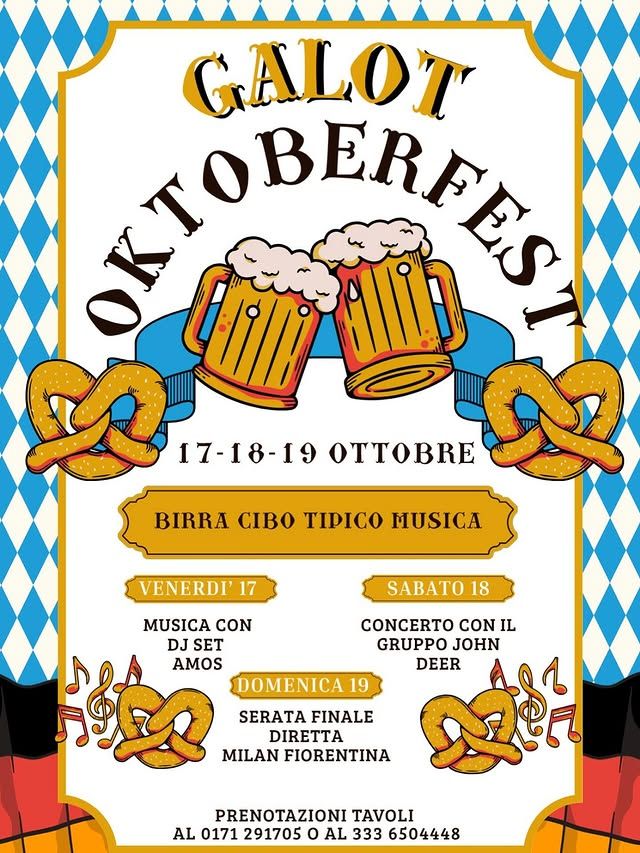 Oktoberfest al Galot - GALOT, Roccabruna (CN) - 🎉 Galot Oktoberfest 2025 – 17, 18 e 19 Ottobre 🎉Tre giorni di birra, cibo tipico e musica dal vivo ti aspettano al Galot Oktoberfest!
🍺 Quando: 17...