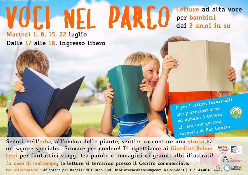 Voci nel parco - Giardini Primo Levi, Cuneo (CN) - Letture ad alta voce per bambini dai 3 anni in su nei Giardini Primo Levi Martedì 1, 8, 15, 22 luglio, dalle 17 alle 18. Ingresso libero Seduti nell’e...