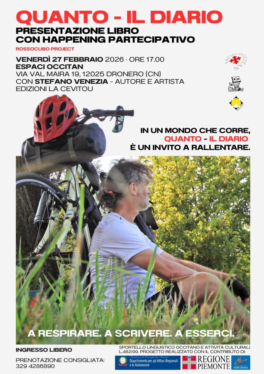 QUANTO - IL DIARIO -  Via Val Maira, 19 (Biblioteca dell'Associazione Espaci Occitan), Dronero (CN) - Venerdì 27 febbraio, ore 17.00, l'autore e artista Stefano Venezia presenterà “Quanto – il diario” presso la Biblioteca dell'Associazione Espaci Occit...