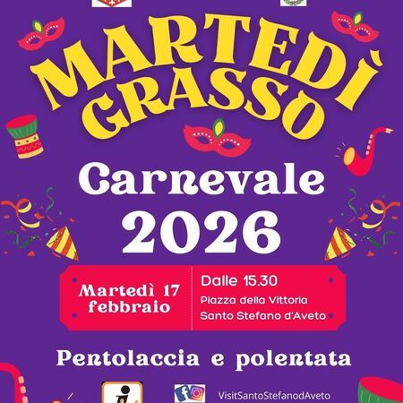 MartedÃ¬ Grasso - Piazza della Vittoria, Santo Stefano d'Aveto (GE) - ð­ MartedÃ¬ Grasso a Santo Stefano dâAveto! ð
Il Carnevale 2026 si festeggia in grande con maschere, musica, allegria eâ¦ pentolaccia e polen...