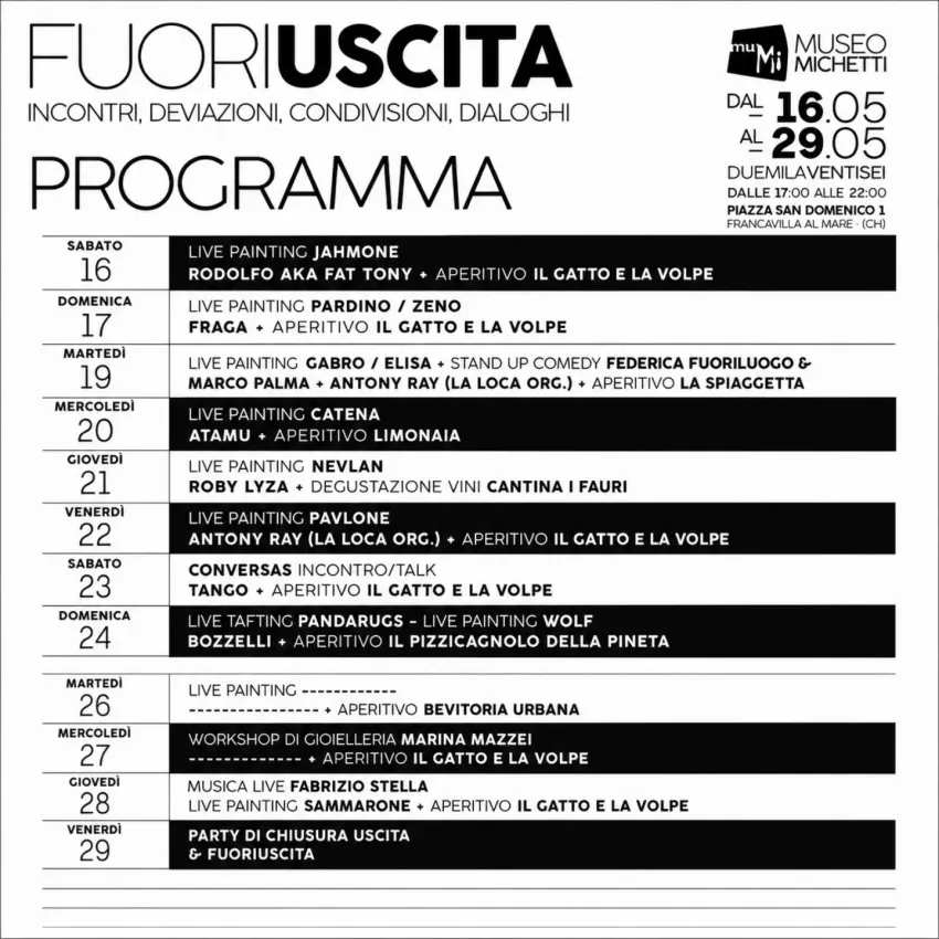 FUORIUSCITA - Piazza San Domenico 1, Francavilla al Mare (CH) - 🎨 USCITA è la mostra.🌙 FUORIUSCITA è tutto quello che succederà intorno.Dal 15 al 29 maggio 2026, il Museo Michetti ospita USCITA, la prima mostra p...