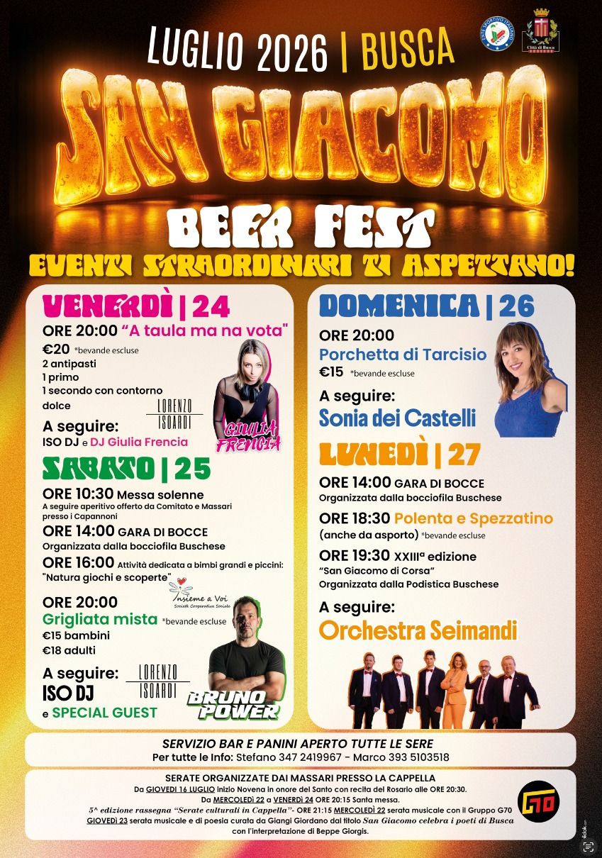 Festa San Giacomo di Busca - San Giacomo di Busca, Corso Romita – Zona Capannoni, Busca (CN) - 🎉 LA MUSICA È SERVITA! 🎶Dal 24 al 27 luglio la Festa di San Giacomo vi aspetta a Busca, in Corso Romita – zona capannoni, con quattro serate tutte d...
