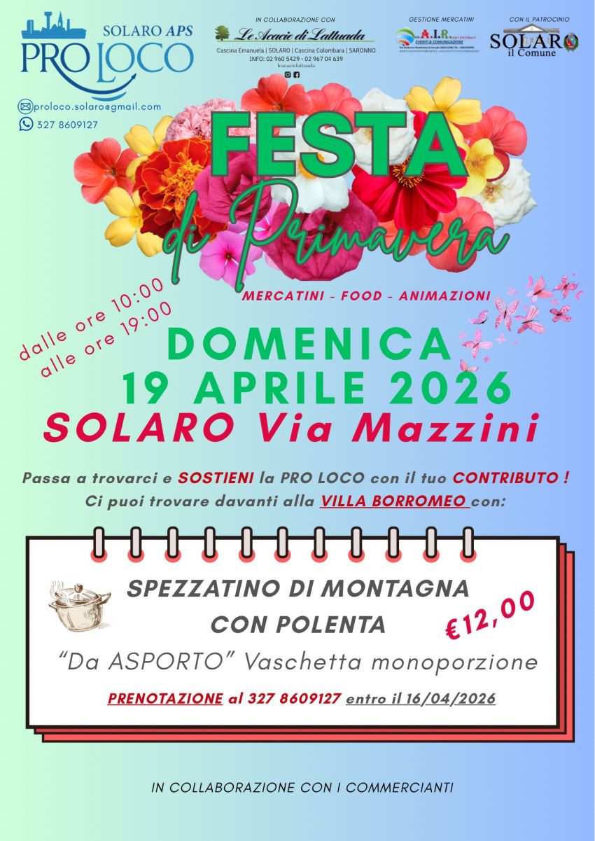 Festa di Primavera  - via Mazzini, Solaro (MI) - 🌸 Festa di Primavera a Solaro! 🌸
La primavera arriva a Solaro e si festeggia insieme lungo tutta Via Mazzini! 🌼
📅 Domenica 19 aprile 2026
🕙 Dalle...