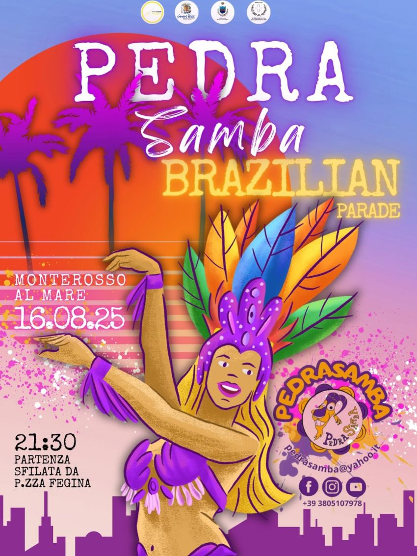 Pedrasamba Brazilian Parade - Piazzetta Fegina, Monterosso al Mare (SP) - 🇧🇷✨ 𝐏𝐞𝐝𝐫𝐚𝐬𝐚𝐦𝐛𝐚 𝐩𝐚𝐫𝐚𝐝𝐞! ✨🇧🇷🗓️Sabato 16 Agosto⏰Ore 21:30 partenza sfilata da 📍Piazzetta Fegina🟣Preparatevi a un’esplosione di colori, ritmo e passi...