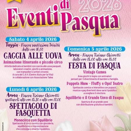 Pasqua a Taggia - Centro citta', Taggia (IM) - ✨✨PASQUA 2026✨✨
🌸 3 giorni di divertimento per tutta la famiglia 🐣
🥚 Sabato 4 aprile
– TAGGIA-
📍 Piazza Santissima Trinità
🕓 Ore 16:00...