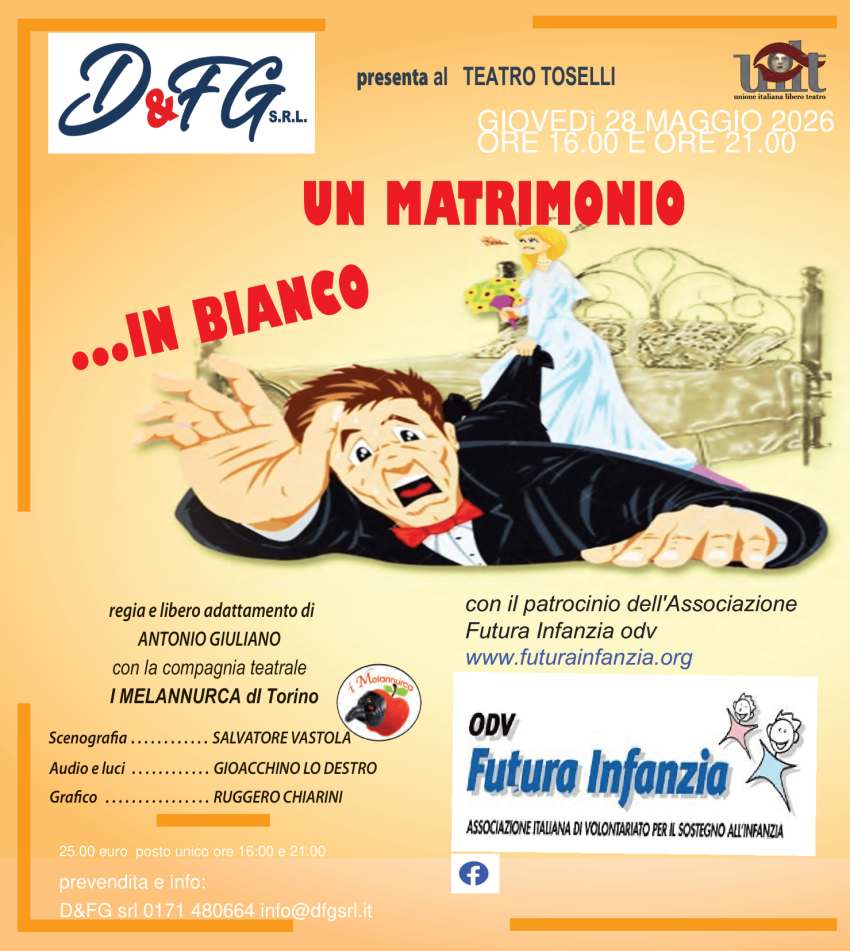 MATRIMONIO… IN BIANCO con la compagnia teatrale I Melannurca - Teatro Toselli, Cuneo (CN) - Commedia esilarante nella Napoli di fine anni ’70. Incontri compromettenti, travestimenti improbabili e fughe ardite in una pirotecnica girandola di r...