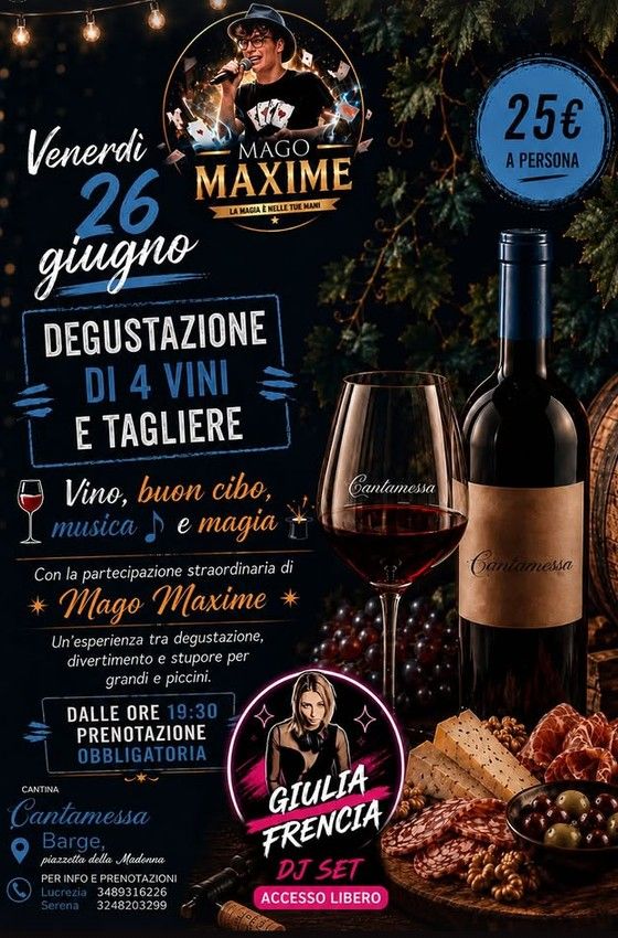 DEGUSTAZIONE VINI, MAGIA E DJ SET - piazzetta della Madonna, Barge (CN) - 🌟 VINO, MAGIA E BUONA MUSICA🌟
Pronti a vivere una serata magica in tutti i sensi? Venerdì 26 giugno, a partire dalle ore 19:30, vi aspettiamo per un...