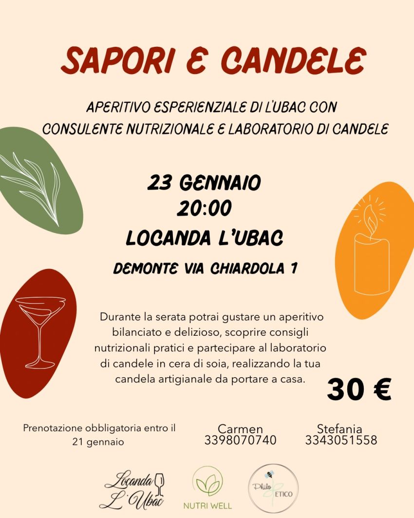 Sapori e Candele: Aperitivo Esperienziale e Workshop Creativo alla Locanda L'Ubac di Demonte - locanda l'ubac, Demonte (CN) - Siete pronti a vivere una serata diversa dal solito, dove il benessere a tavola incontra la creatività artigianale? Il 23 Gennaio, la suggestiva corni...