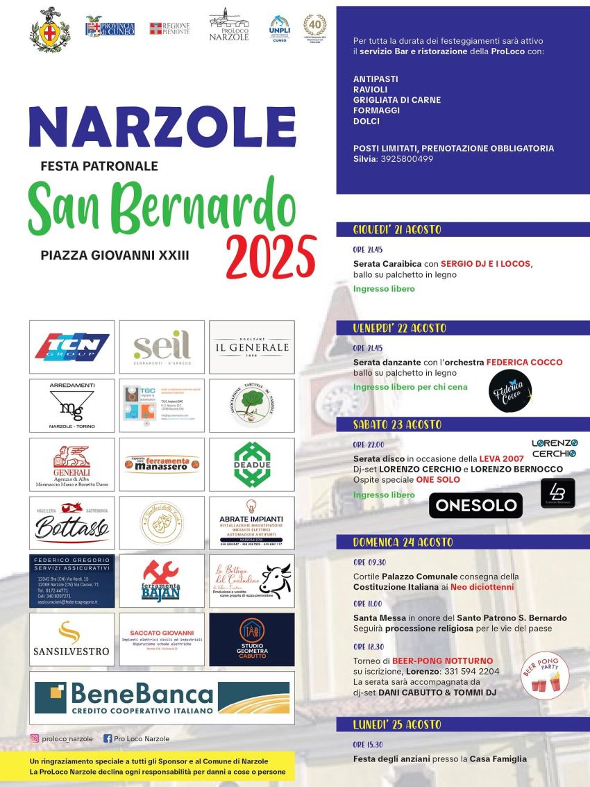 Festa Patronale di San Bernardo 2025 - Piazza Giovanni XXIII, Narzole (CN) - Vi presentiamo il programma ufficiale della Festa Patronale di San Bernardo 2025, vi aspettiamo 🥳 💚