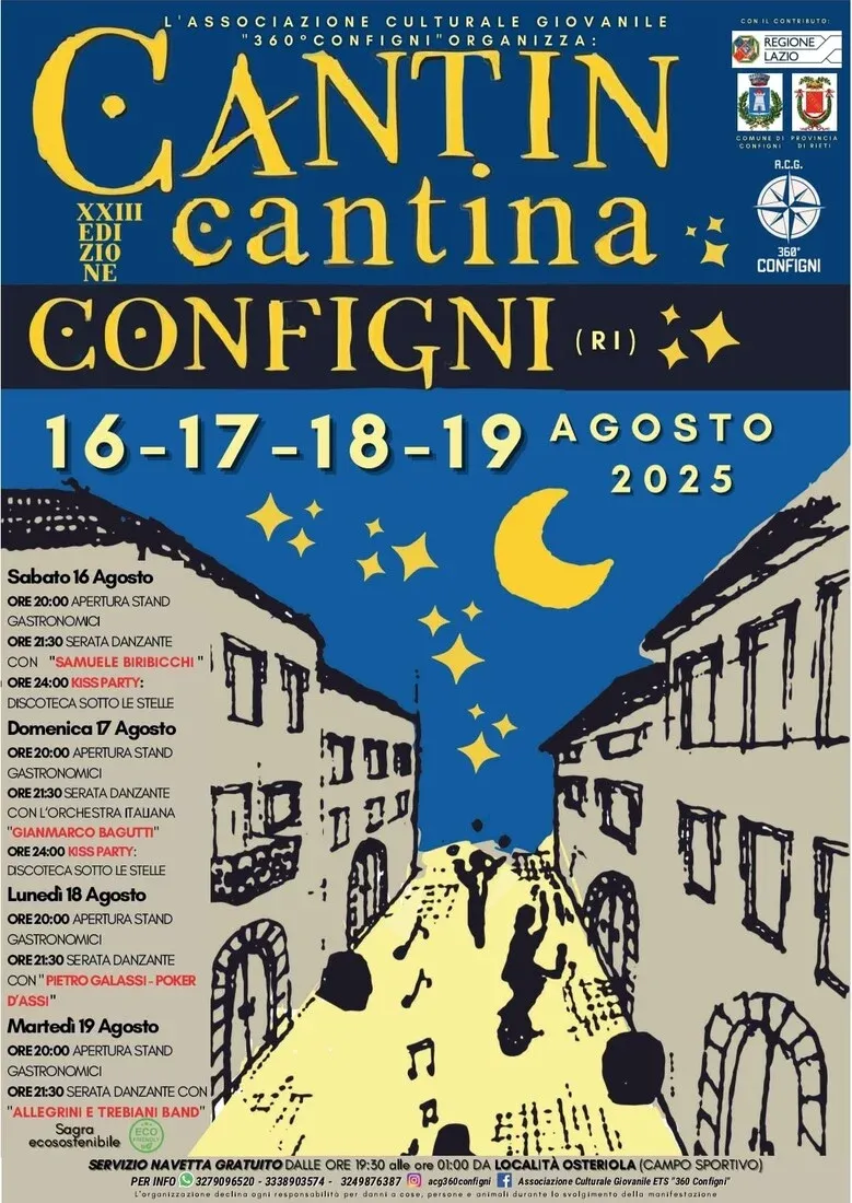 Cantin Cantina - Centro città, Configni (RI) - Cantin Cantina a Configni prevede stand gastronomici e ogni sera spettacoli e intrattenimento musicale, nelle vie del borgo in provincia di Rieti....