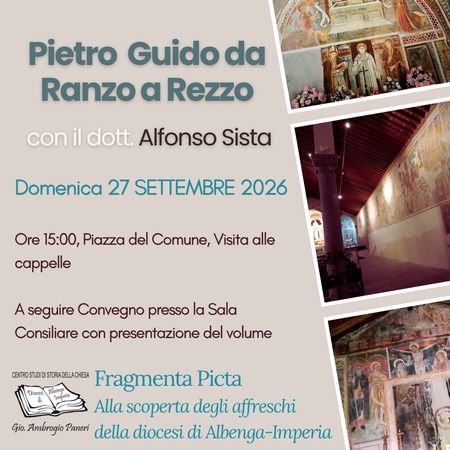 Giornate Europee del Patrimonio - Piazza del Comune, Rezzo (IM) - Pietro Guido da Ranzo a Rezzo con il dott. Alfonso Sista  
Domenica 27 SETTEMBRE 2026  
Ore 15:00, Piazza del Comune, Visita alle cappelle  
A segu...