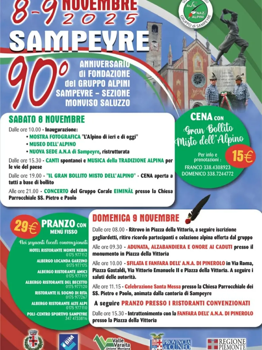 RADUNO ALPINI - CENTRO, Sampeyre (CN) - 🎖️ 90° Anniversario del Gruppo Alpini di Sampeyre – 8 e 9 Novembre 2025
Il Comune di Sampeyre (CN) celebra un traguardo storico: il 90° anniversario d...