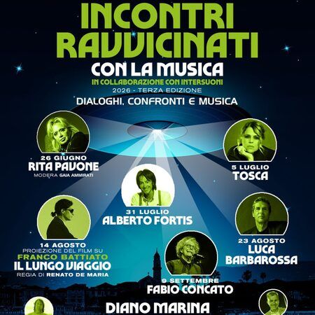 Incontri ravvicinati con la musica - Molo delle Tartarughe, Diano Marina (IM) - Venerdì 14 agosto 2026
Orario: 21,00
Luogo: Molo delle Tartarughe
Incontri ravvicinati con la musica - 3^ edizione 2026
Dialoghi, confronti e musi...
