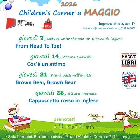 Lettura animata - Biblioteca, piazza Airaldi e Durante, Alassio (SV) - Giovedì 28 maggio 
Lettura animata
Cappuccetto rosso in inglese.
Sala bambini – Biblioteca, piazza Airaldi e Durante ore 17.00
Ingresso libero – p...