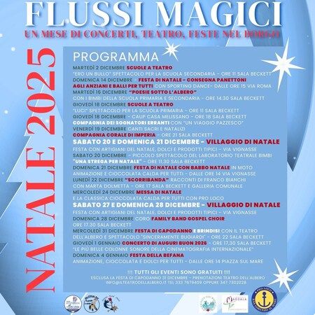 CONCERTO DI AUGURI BUON 2026 - SALA BECKETT, San Lorenzo al Mare (IM) - SAN LORENZO AL MARE: FLUSSI MAGICI
GIOVEDI' 1 GENNAIO CONCERTO DI AUGURI BUON 2026 - ORE 17.30 SALA BECKETT
LE PIU' BELLE COLONNE SONORE DELLA CINEM...