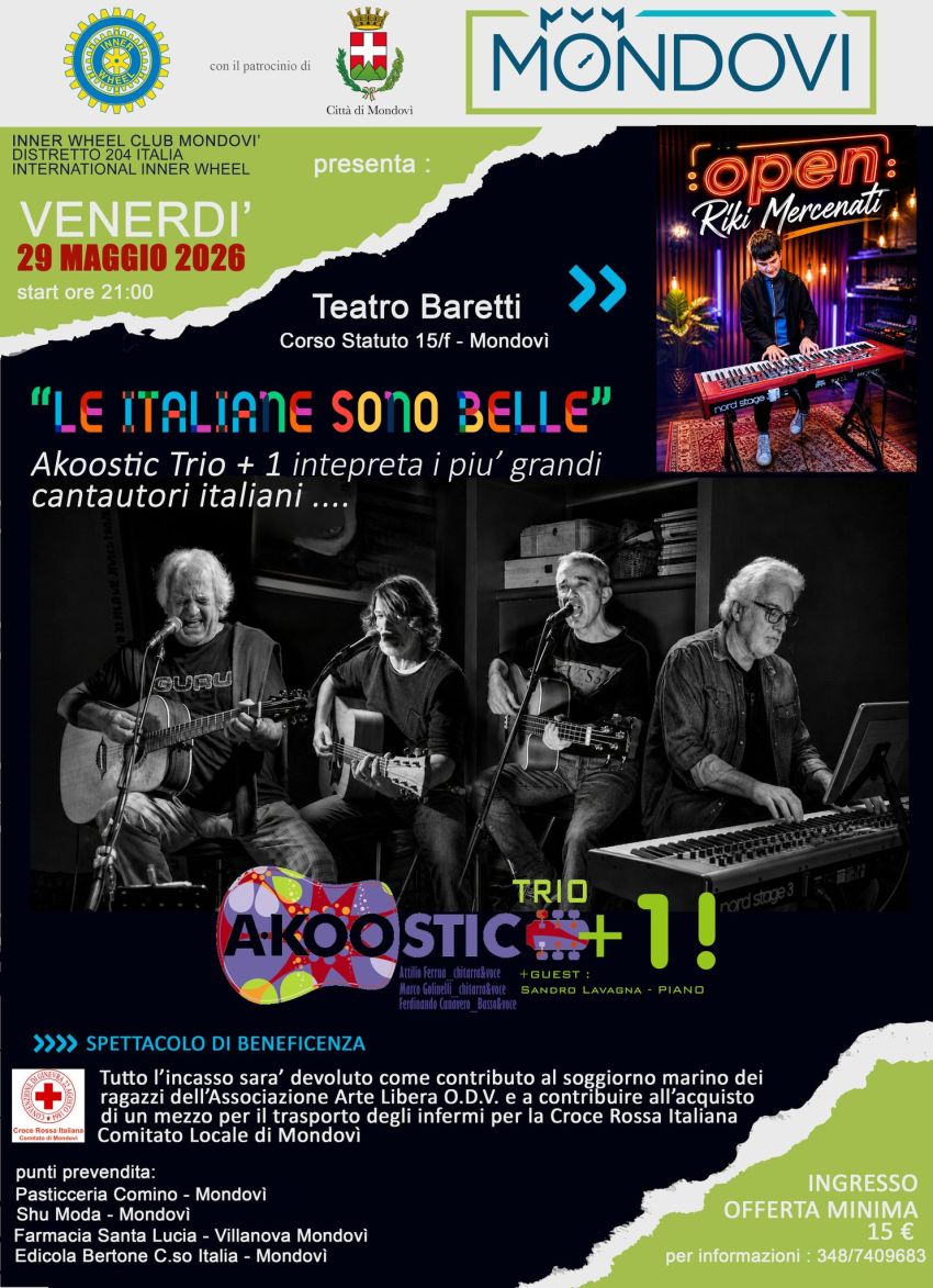 AKOOSTIC TRIO + 1 - Teatro Baretti - Mondovì, Mondovì (CN) - Arriva al Teatro Baretti, venerdì 29 maggio 2026, il concerto dell'Akoostic Trio + 1. Si tratta di una serata organizzata dall'Inner Wheel Club di Mon...