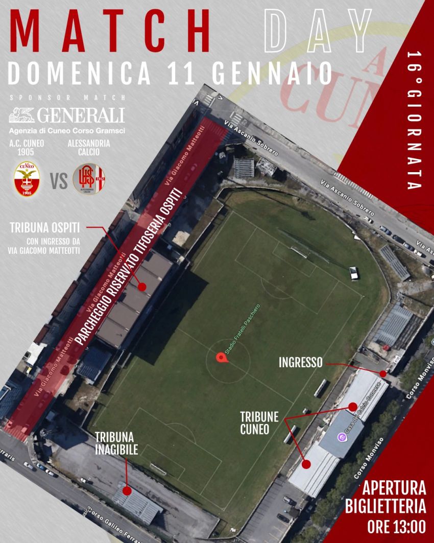 A.C. CUNEO 1905 VS ALESSANDRIA CALCIO - STADIO F.LLI PASCHIERO, Cuneo (CN) - Domenica 11 gennaio alle ore 14:30 torna il grande calcio allo Stadio Fratelli Paschiero!
Il Cuneo 1905 affronta l’Alessandria in una sfida di altissi...