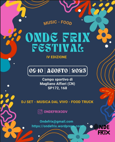 ONDE FRIX FESTIVAL β 4Βͺ EDIZIONE - Campo Sportivo di Magliano Alfieri, Magliano Alfieri (CN) - SAVE THE DATE: ππ₯ ONDE FRIX FESTIVAL β 4Βͺ EDIZIONE! π₯ππ
9-10 AGOSTOπ Campo Sportivo di Magliano AlfieriDue serate di pura festa con musica dal v...