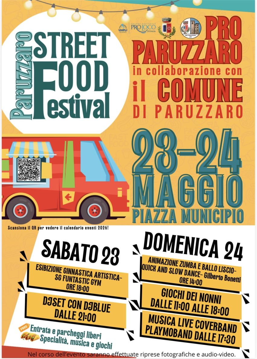 PARUZZARO STREET FOOD FESTIVAL 2026 - Piazza del municipio 1, Paruzzaro (NO) -  
🍻🍕STREET FOOD 23 e 24 MAGGIO
PIAZZA MUNICIPIO - PARUZZARO
Cosa vi aspetta?
🚚Food truck da non perdere
🎧DJ set e musica live o Balli, animazione...