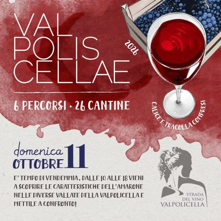 Val Polis Cellae - Centro città, San Pietro in Cariano (VR) - Domenica 11 ottobre 2026, dalle 10:00 alle 18:00, torna l'evento autunnale d'eccellenza firmato Strada del Vino Valpolicella. Vivi una giornata immers...