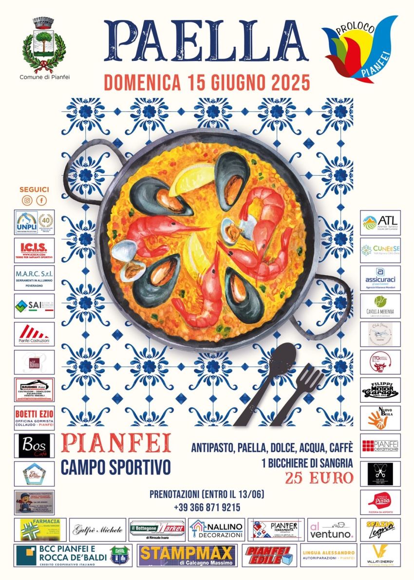 ¡PAELLA PARA TODO EL MUNDO! - Campo Sportivo Via Bisalta, Pianfei (CN) - 🥘 Profumo d’estate, sapore di Spagna!Domenica 15 giugno alle ore 20 al Palatenda di Pianfei arriva la serata più saporita dell’estate: PAELLA NIGHT!...