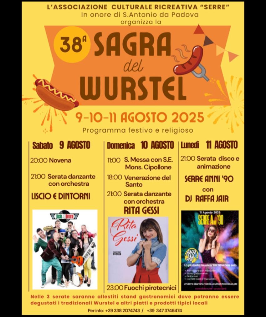 38a Sagra del Wurstel - Contrada Serre, Lanciano (CH) - Vi aspettiamo numerosi!๐ญ๐๐บ9-10-11 AGOSTO 2025 a CONTRADA SERRE, LANCIANO (CH) ๐