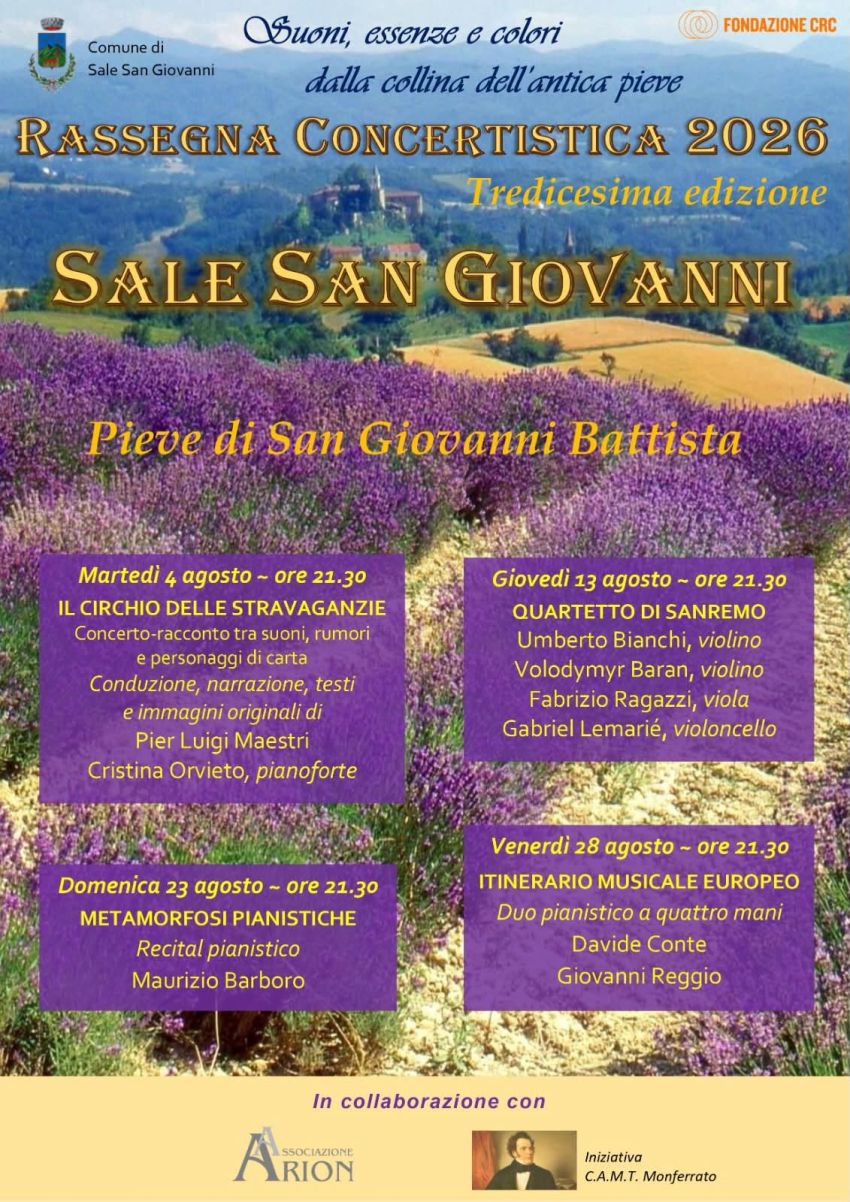 SUONI, ESSENZE E COLORI - Sale San Giovanni, Sale San Giovanni (CN) - Da 4 al 28 agosto la Pieve di San Giovanni Battista a Sale San Giovanni ospita la tredicesima rassegna della rassegna concertistica Suoni, essenze e c...