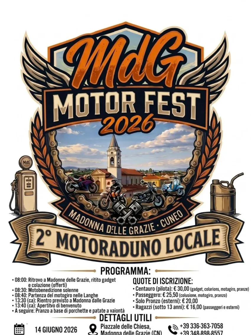 2° MdG Motor Fest 2026 - Piazzale della Chiesa, Madonna delle Grazie, Cuneo (CN) - 🏍️💨 SCALDATE I MOTORI! Il MdG Motor Fest sta per tornare! 🏁Il Circolo ACLI è felice di invitare tutti i centauri, gli appassionati delle due ruote e...