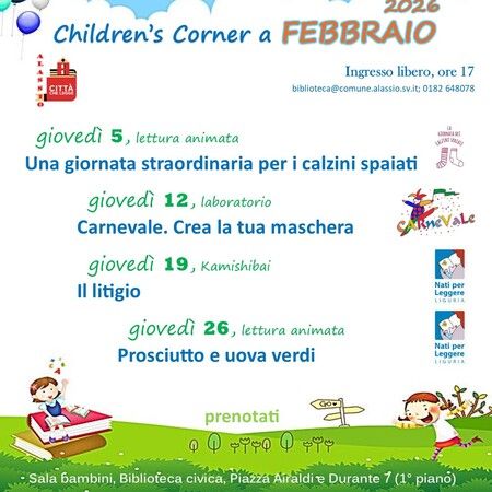 Laboratorio Kamishibai - Biblioteca di Alassio, Biblioteca civica, Piazza Airaldi e Durante 7, Alassio (SV) - Children's Corner a FEBBRAIO 2026
Ingresso libero, ore 17  
giovedì 5, lettura animata  
Una giornata straordinaria per i calzini spaiati
giovedì...