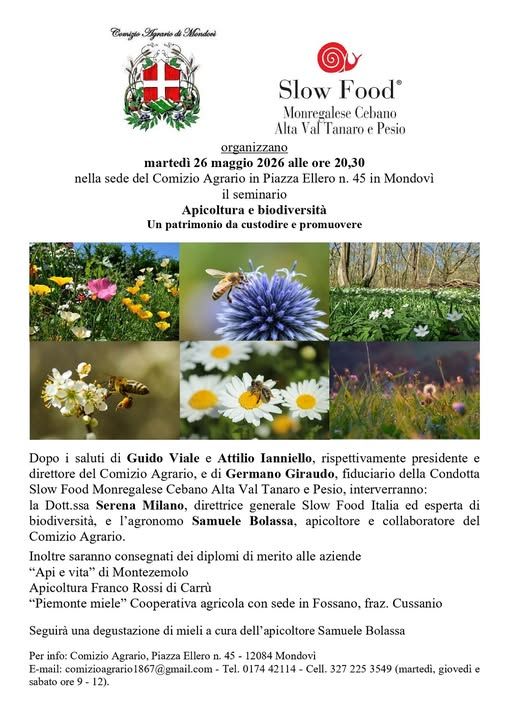 APICOLTURA E BIODIVERSITÀ - Comizio Agrario - Mondovì, Mondovì (CN) - Il Comizio Agrario e Slow Food Monregalese Cebano Alta Val Tanaro e Pesio organizzano martedì 26 maggio 2026 alle ore 20,30 nella sede del Comizio Agr...