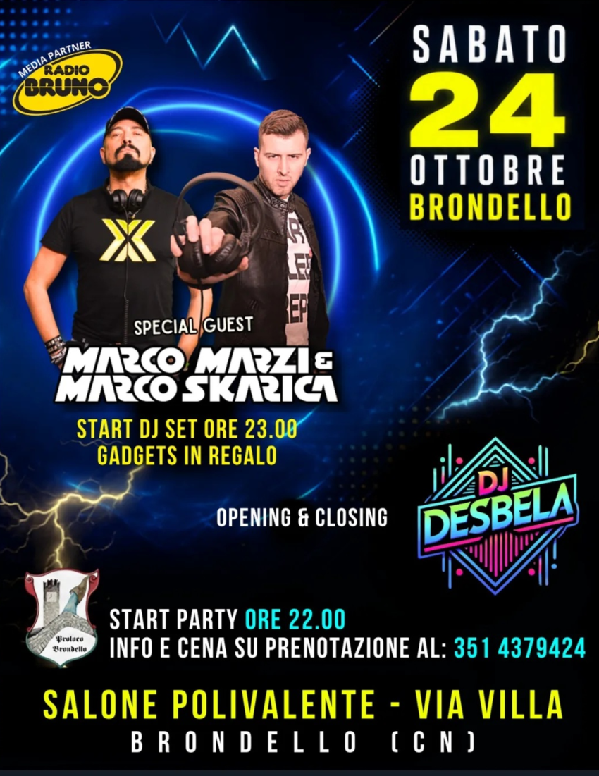 DJ Set con Marco Marzi & Marco Skarica - via villa (Salone Polivalente), Brondello (CN) - DJ Set con Marco Marzi & Marco Skarica
Gadgets in regalo