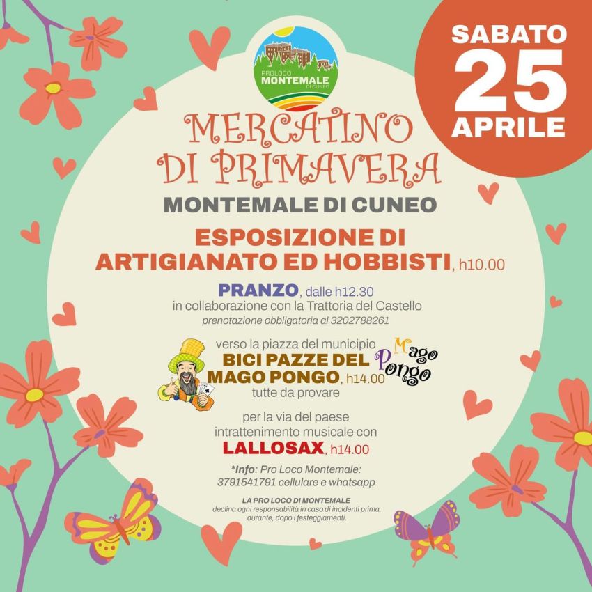Mercatino di Primavera - Artigianato e hobbisti a Montemale - Centro, Montemale di Cuneo (CN) - Mercatino di Primavera a Montemale di Cuneo – Artigianato, Musica e Tradizioni
Sabato 25 aprile torna a Montemale di Cuneo il tradizionale Mercatino d...