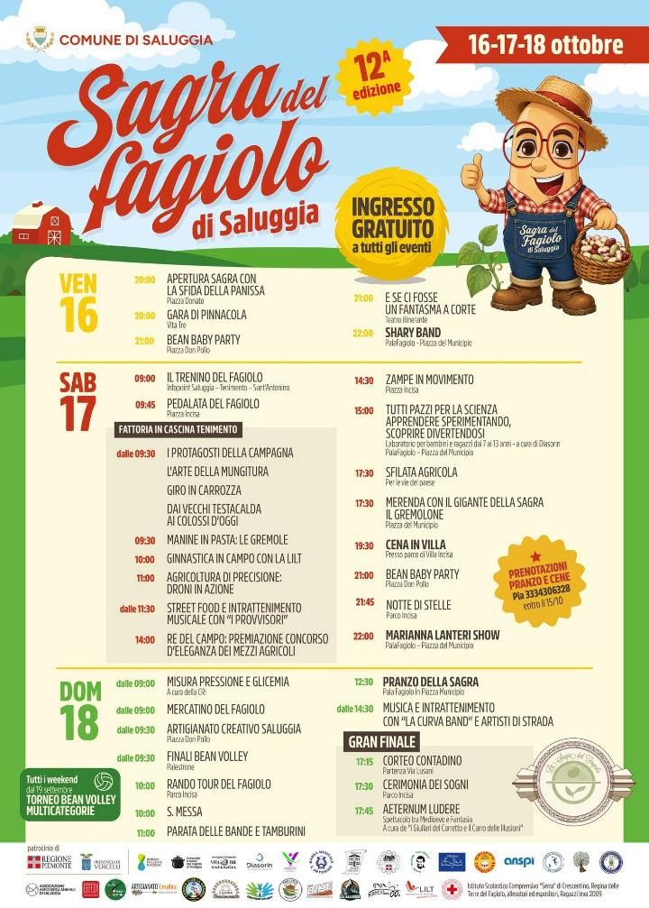 12a edizione Sagra del Fagiolo - Centro città, Saluggia (VC) - 🌾 12ª SAGRA DEL FAGIOLO DI SALUGGIA 🌾
📅 16 - 17 - 18 Ottobre | 📍 Saluggia (VC)
🎟 Ingresso gratuito a tutti gli eventi!
 
Ecco i momenti principali...