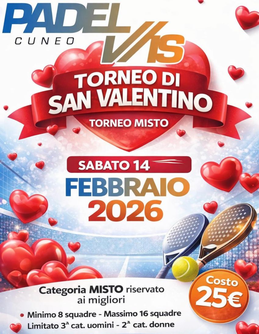 TORNEO PADEL DI SAN VALENTINO - Viale Angeli 33 (PadelVis Cuneo), Cuneo (CN) - 
 


Torneo di San Valentino ❤️🗓️Sabato 14 FebbraioPer maggiori info o iscrizioni contattaci al numero 388 451 3139 📞
